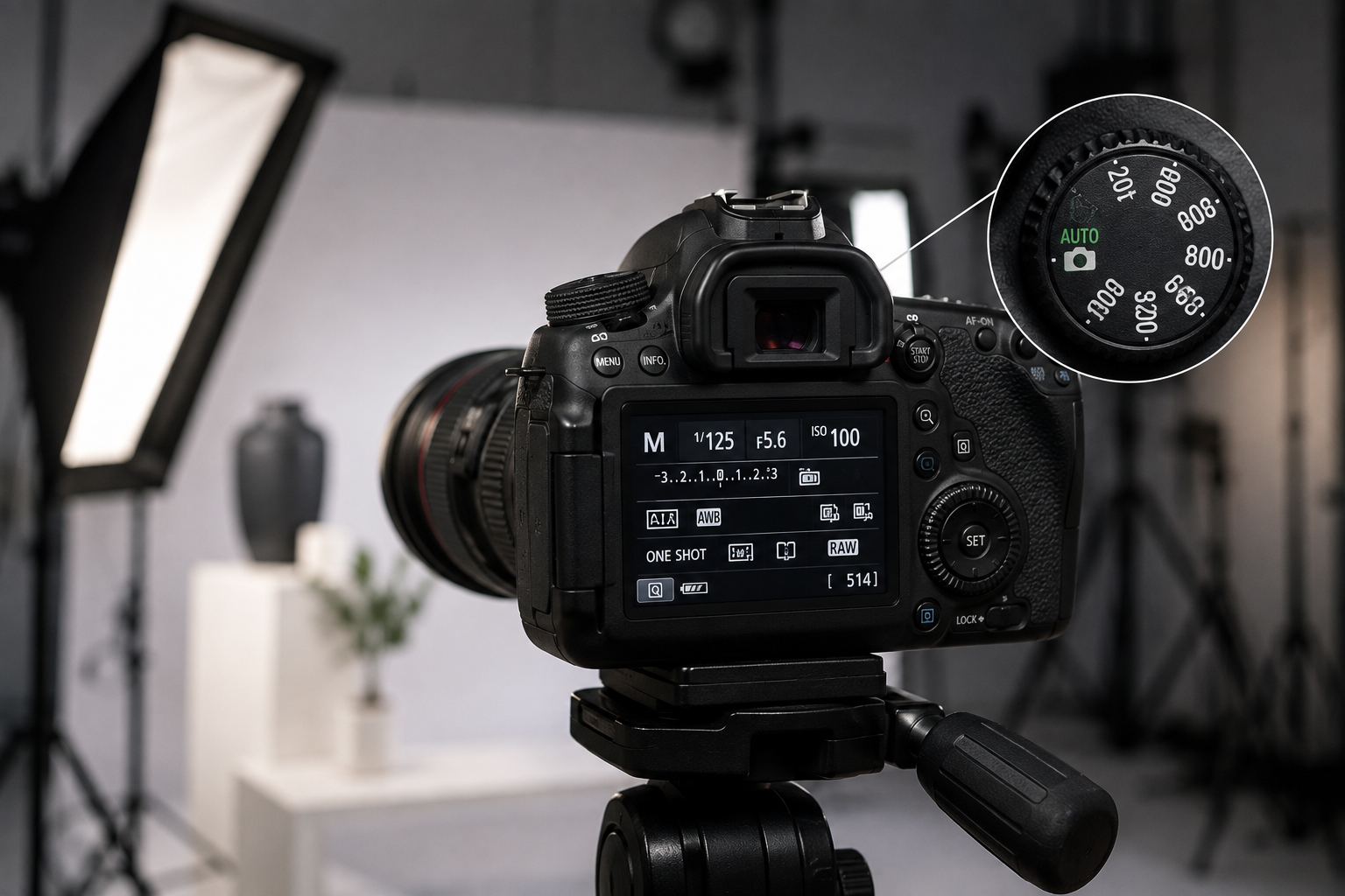 DSLR camera settings for portrait photography with low ISO and studio softbox lighting- Skin Retouching