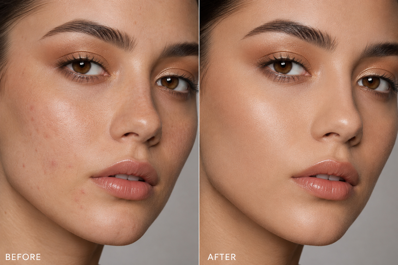 Fashion model skin retouching before and after in Photoshop - fashion photo editing