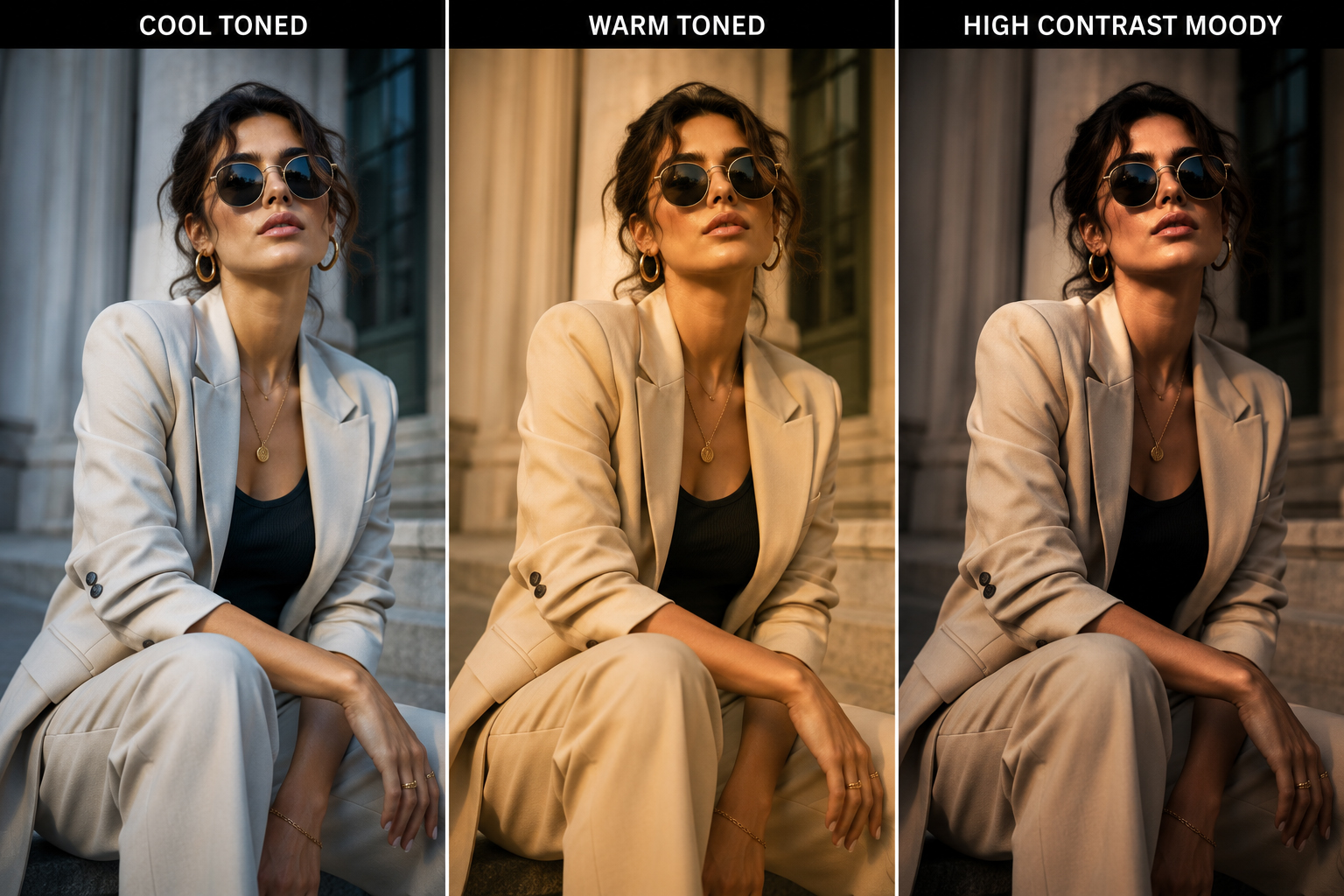 Fashion photo color grading comparison in Lightroom - fashion photo editing