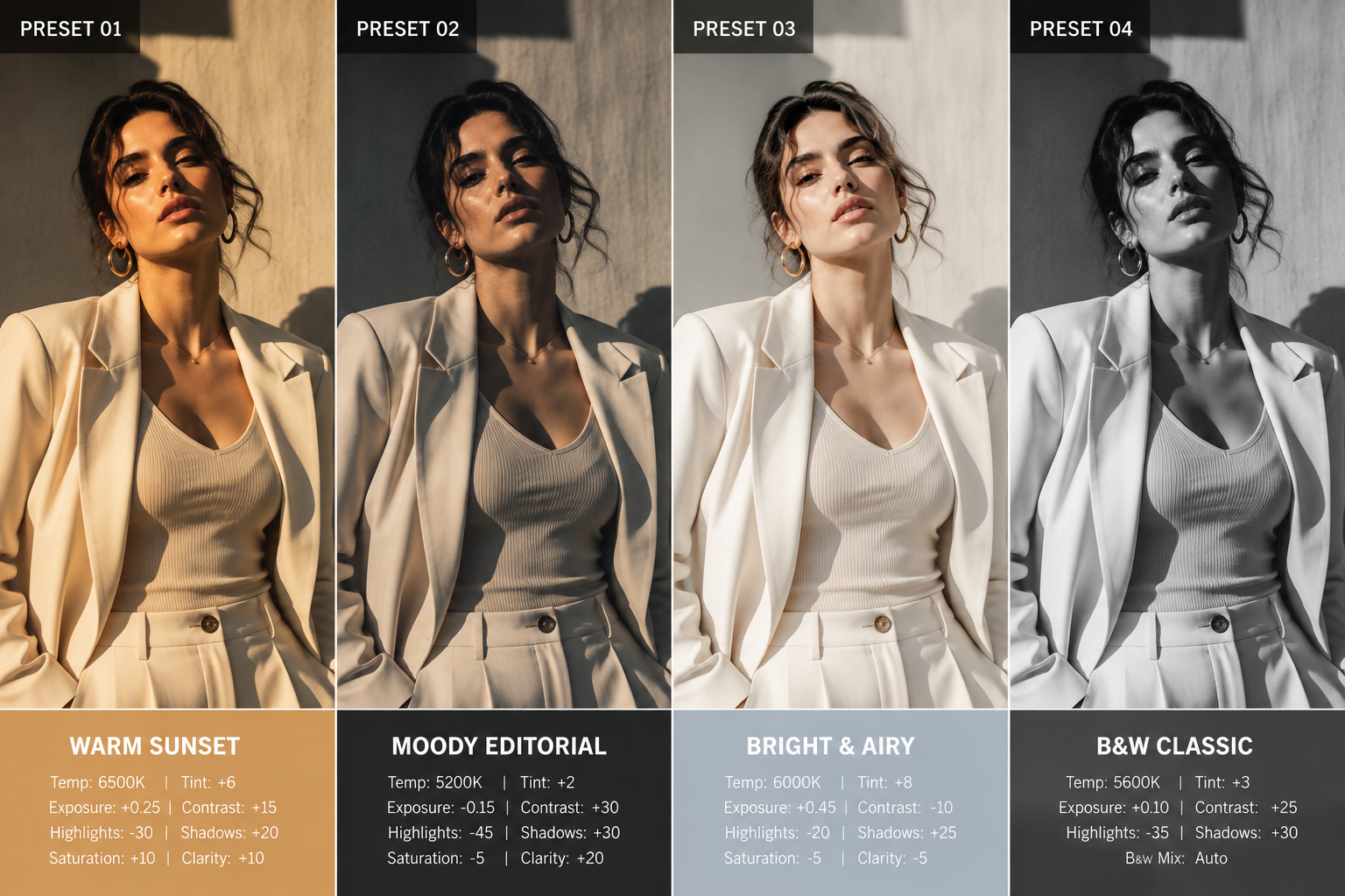 Fashion photo styled with different Lightroom presets - fashion photo editing