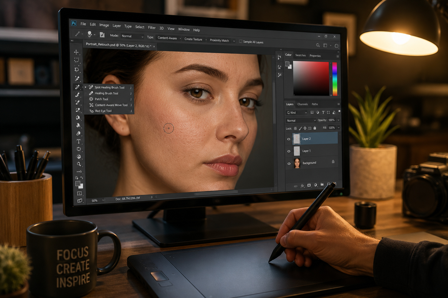 Photo editor using the Healing Brush tool in Photoshop for skin retouching- Skin Retouching