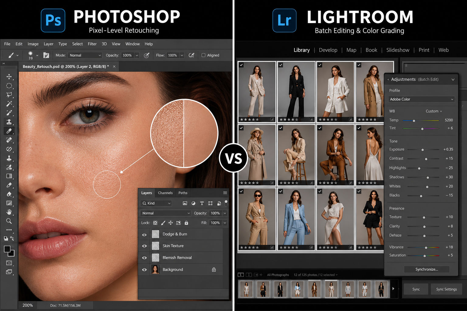 Comparison of Photoshop pixel editing and Lightroom batch editing for fashion photos - fashion photo editing