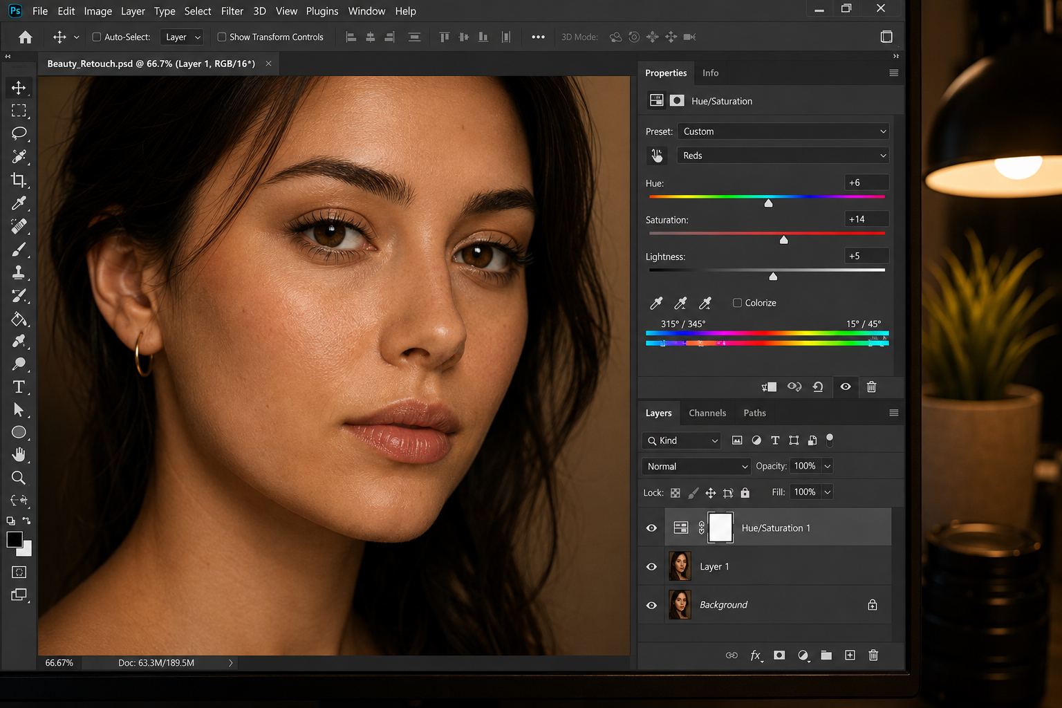 Skin tone color correction using hue, saturation, and luminance panel in photo editing software- Skin Retouching