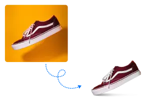 Before and after of burgundy shoes with added drop shadows for product photography