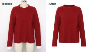Before and after ghost mannequin photo showing clothing with and without a mannequin