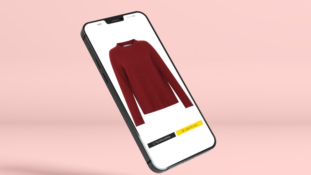 Ghost mannequin clothing image displayed in a virtual fitting app using augmented reality