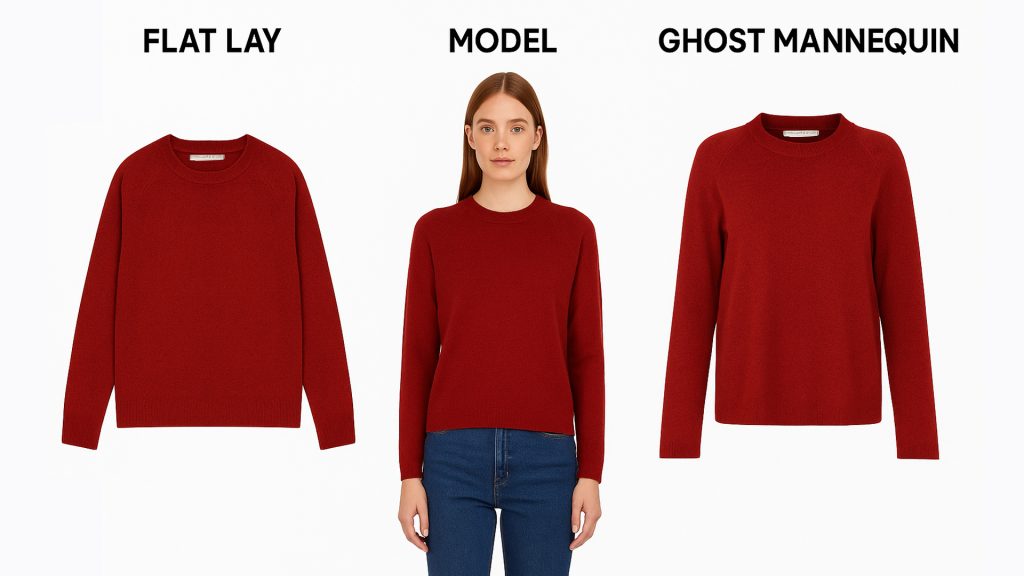 Comparison of flat lay, model, and ghost mannequin photography for online clothing store