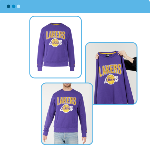 3D ghost mannequin effect on a Lakers sweatshirt showcasing invisible mannequin clothing photography.