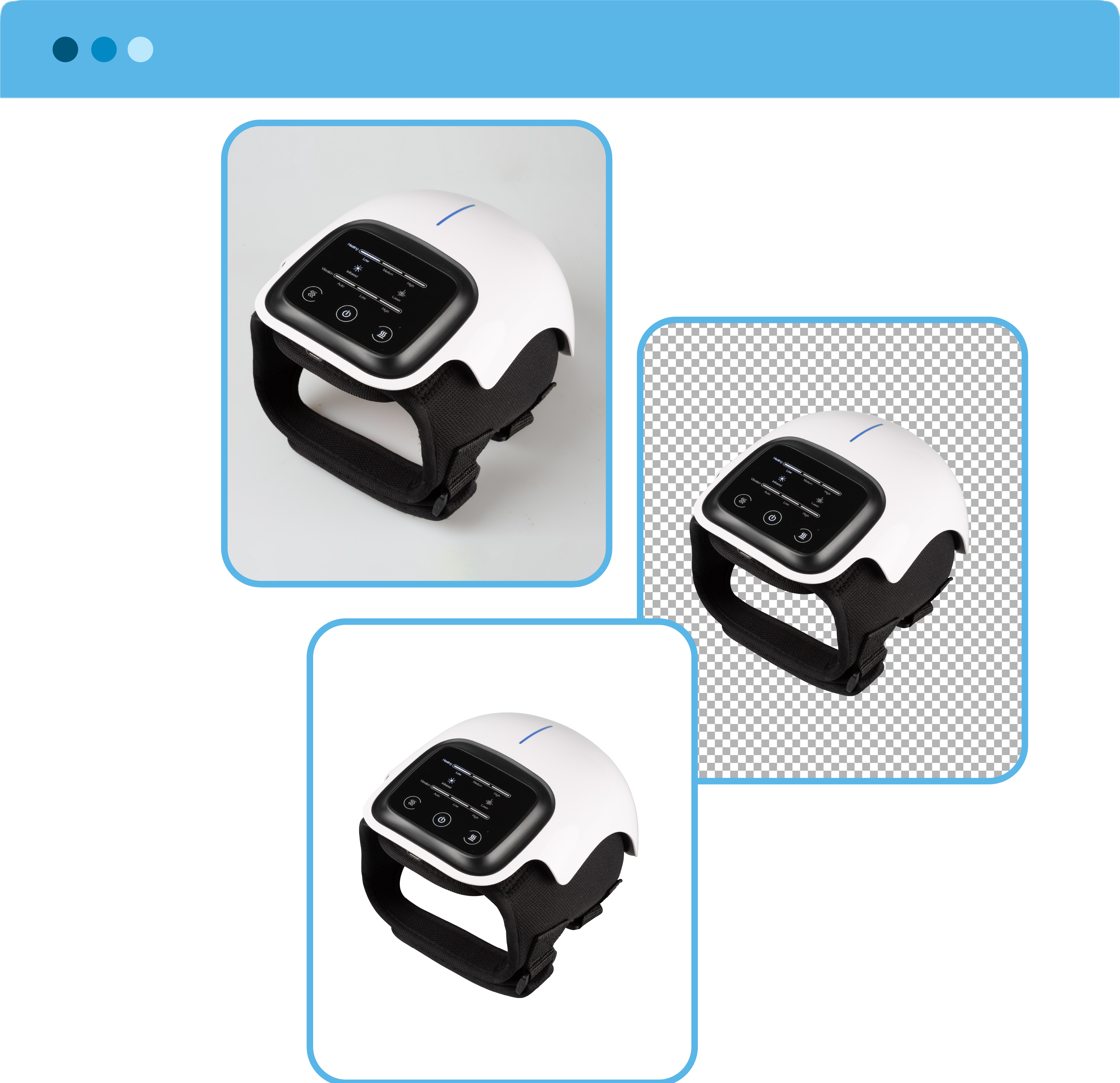 Basic clipping path service applied to a white electronic head massager helmet, showing the original background, transparent cut-out version, and clean white background result.