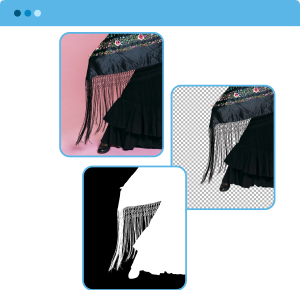 Image masking service showing a person in a dress with a precise background removal