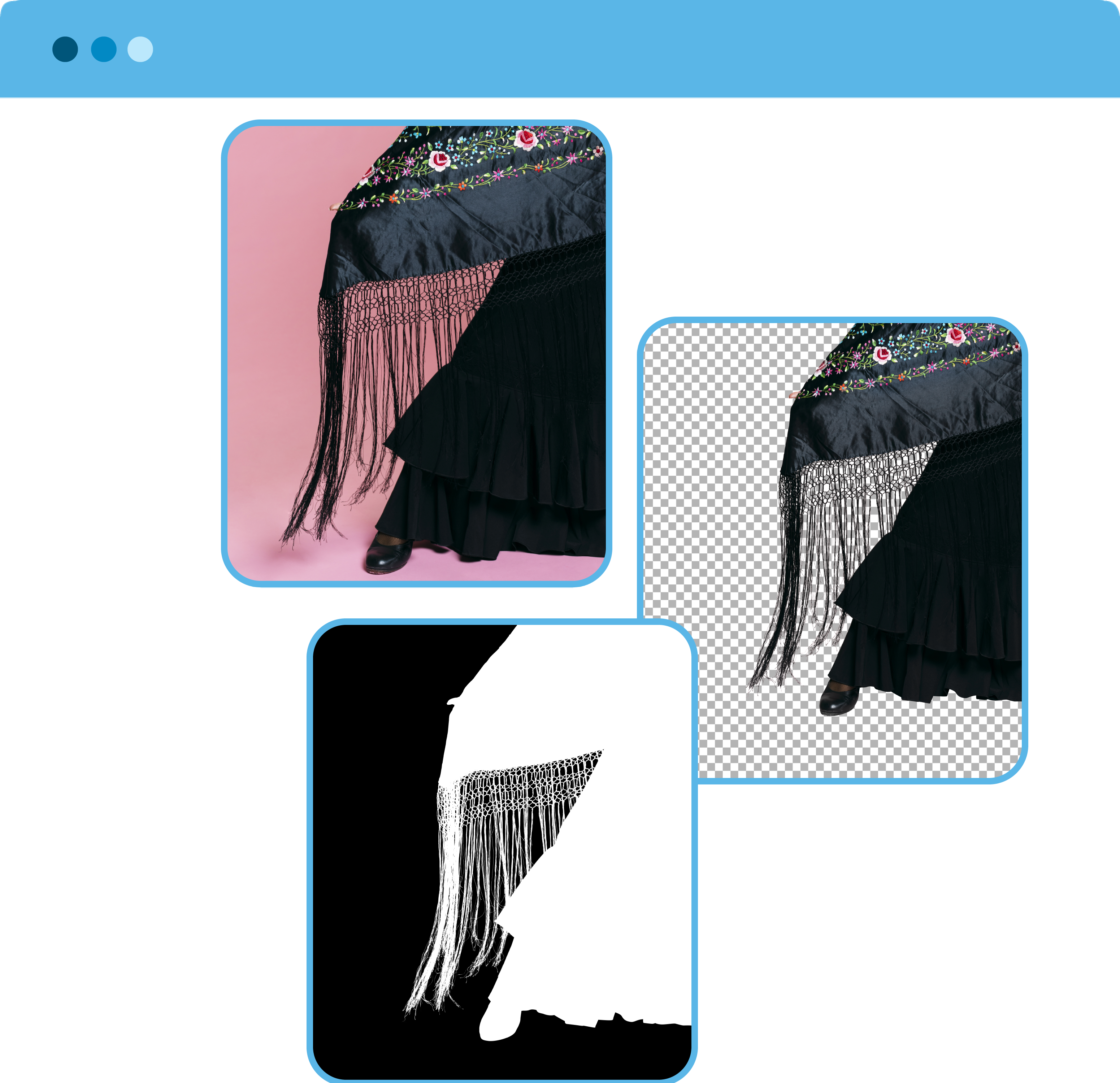 Image masking service showing a person in a dress with a precise background removal