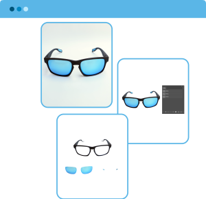 An example of a basic multiple clipping path service on a pair of sunglasses. The image highlights the individual paths created for the frames and lenses, a valuable technique for online retailers to separately adjust product components like color and material for a professional look in product shots.