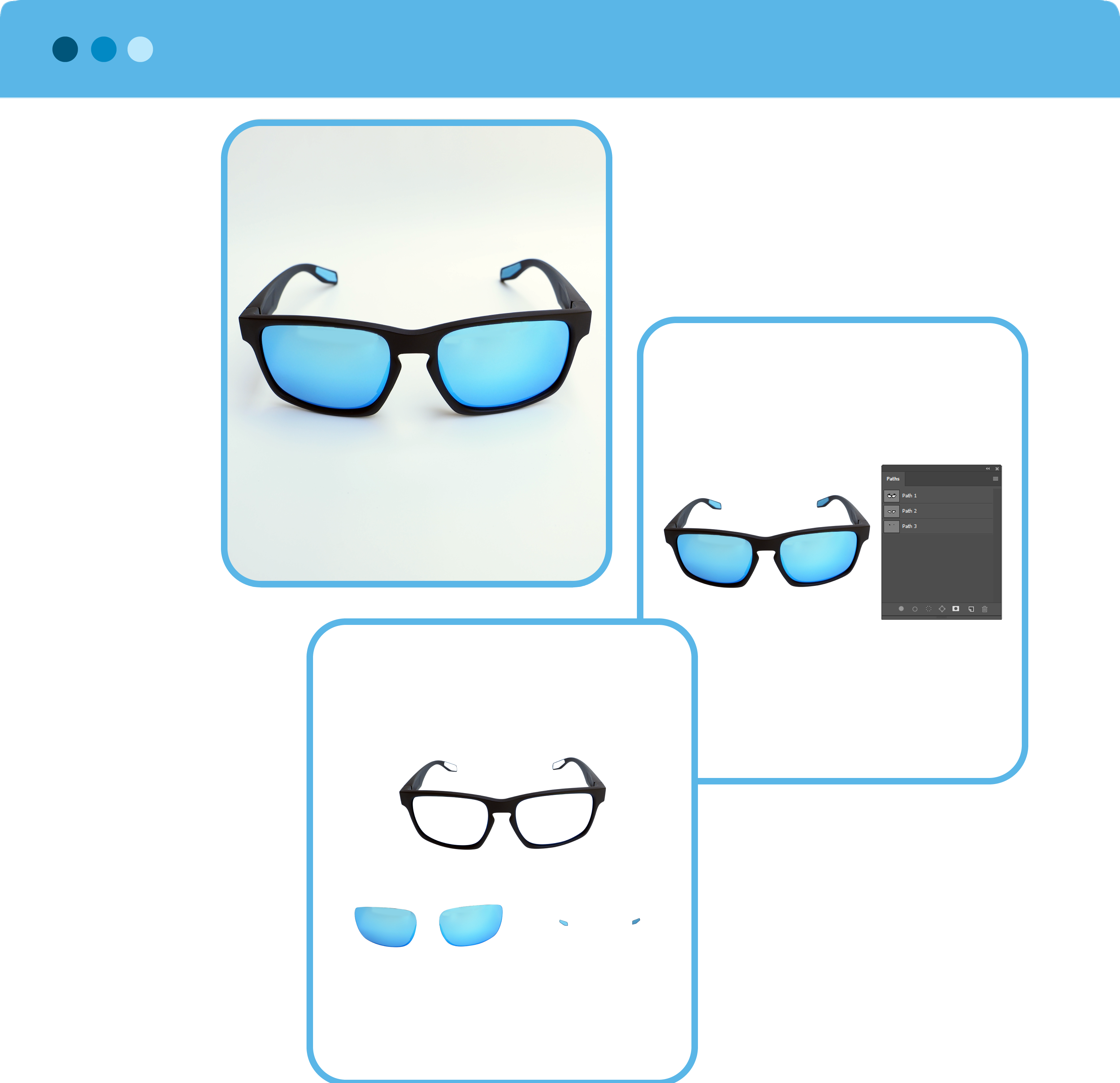 An example of a basic multiple clipping path service on a pair of sunglasses. The image highlights the individual paths created for the frames and lenses, a valuable technique for online retailers to separately adjust product components like color and material for a professional look in product shots.