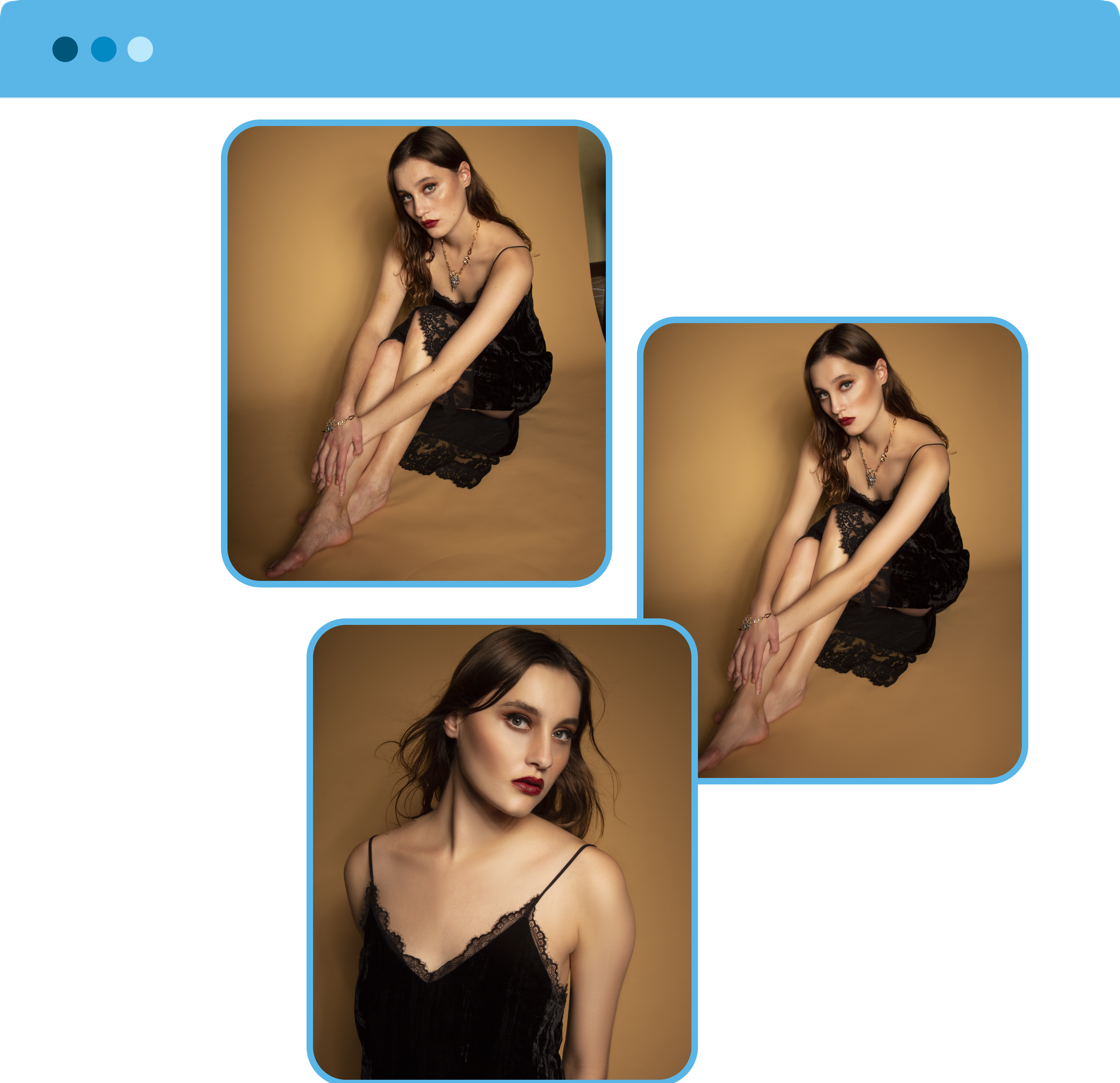 Beauty airbrushing before and after on a model in a black dress