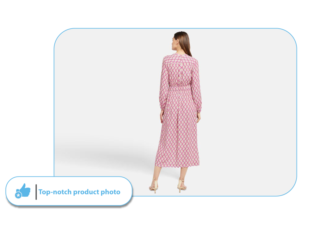 Model wearing pink dress highlighting high-quality ghost mannequin photo editing to boost eCommerce sales.