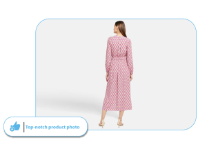 Model wearing pink dress highlighting high-quality ghost mannequin photo editing to boost eCommerce sales.