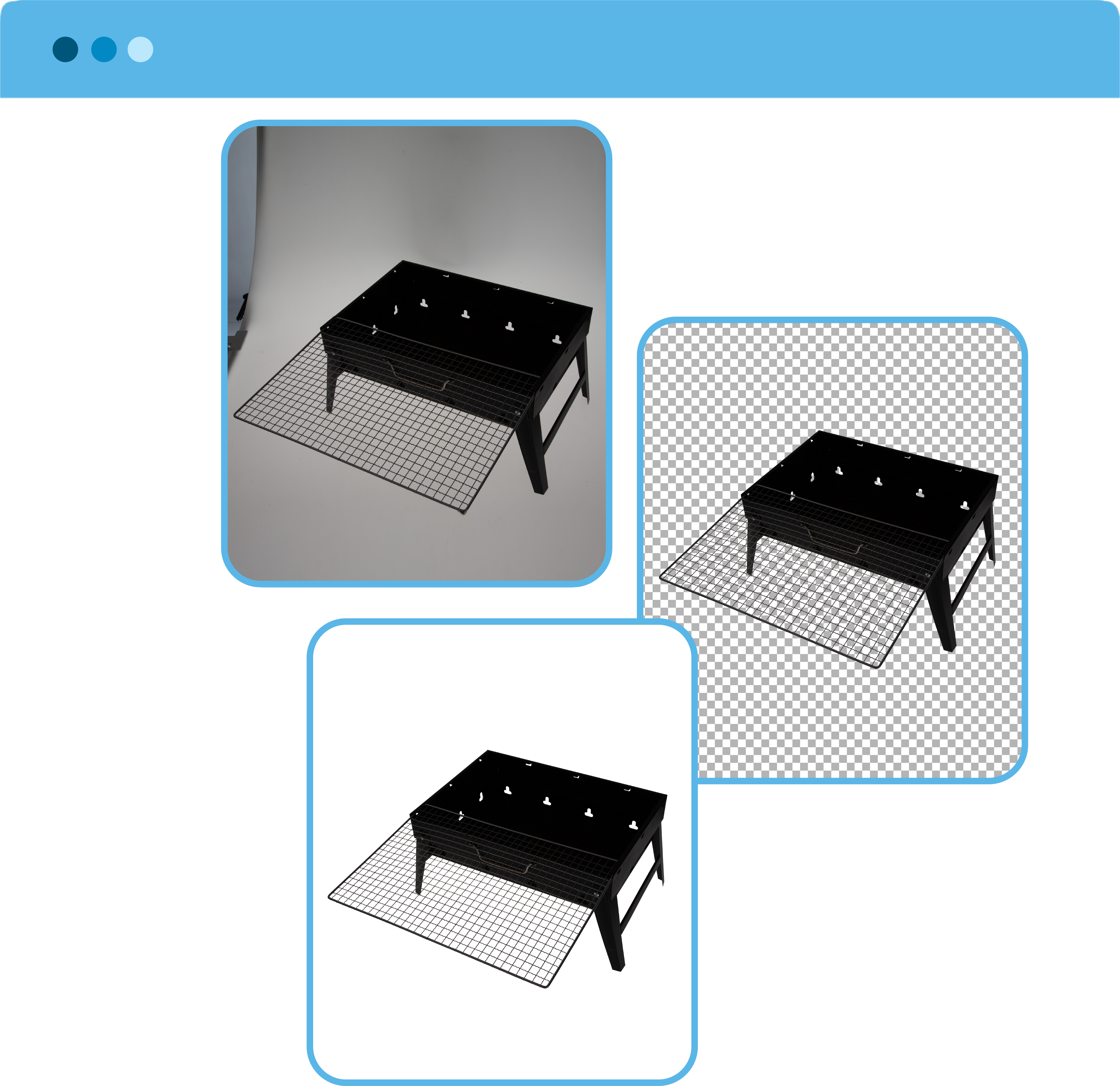 Complex clipping path example of a black metal grill table with mesh grid, displayed with original background, transparent cut-out version, and refined isolated image.