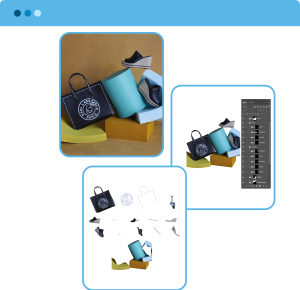 A visual guide to complex multiple clipping path services, demonstrating the process of isolating a handbag, wedge sandals, and various product stands. This technique is ideal for e-commerce stores and fashion brands needing to edit multiple items in a single photo for product catalogs and online listings.