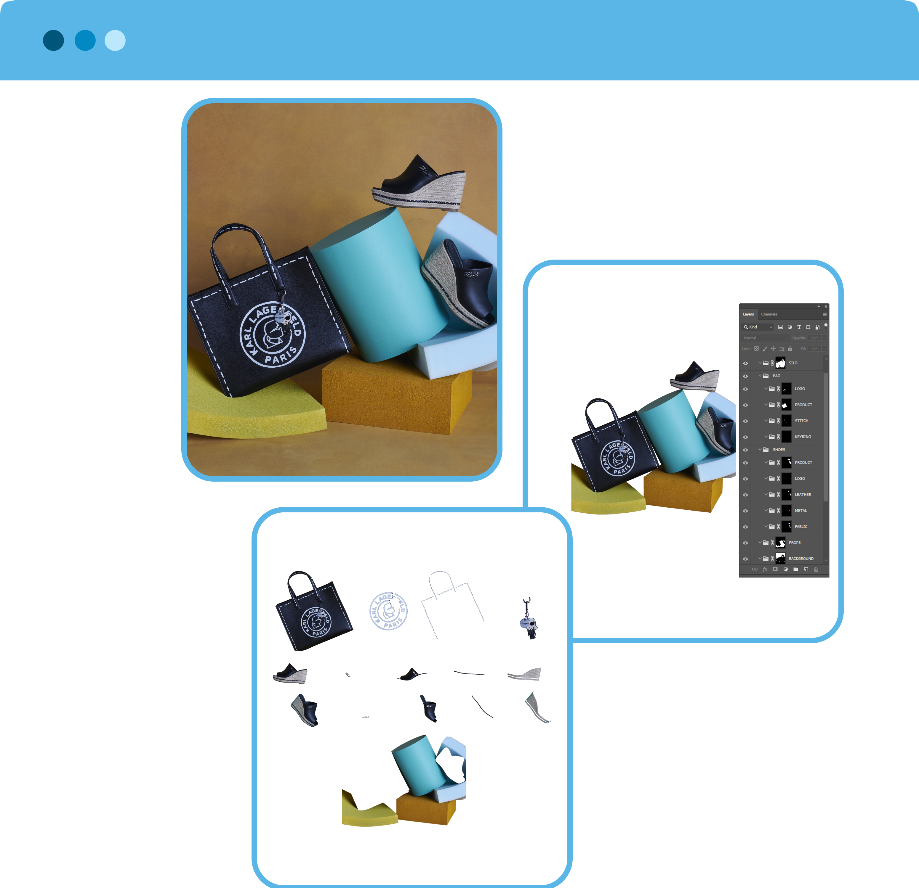 A visual guide to complex multiple clipping path services, demonstrating the process of isolating a handbag, wedge sandals, and various product stands. This technique is ideal for e-commerce stores and fashion brands needing to edit multiple items in a single photo for product catalogs and online listings.
