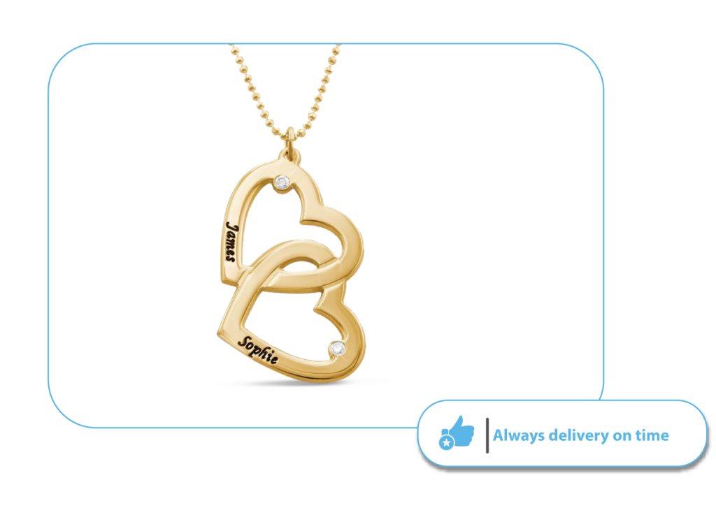 Gold necklace with two heart pendants and added reflection shadow