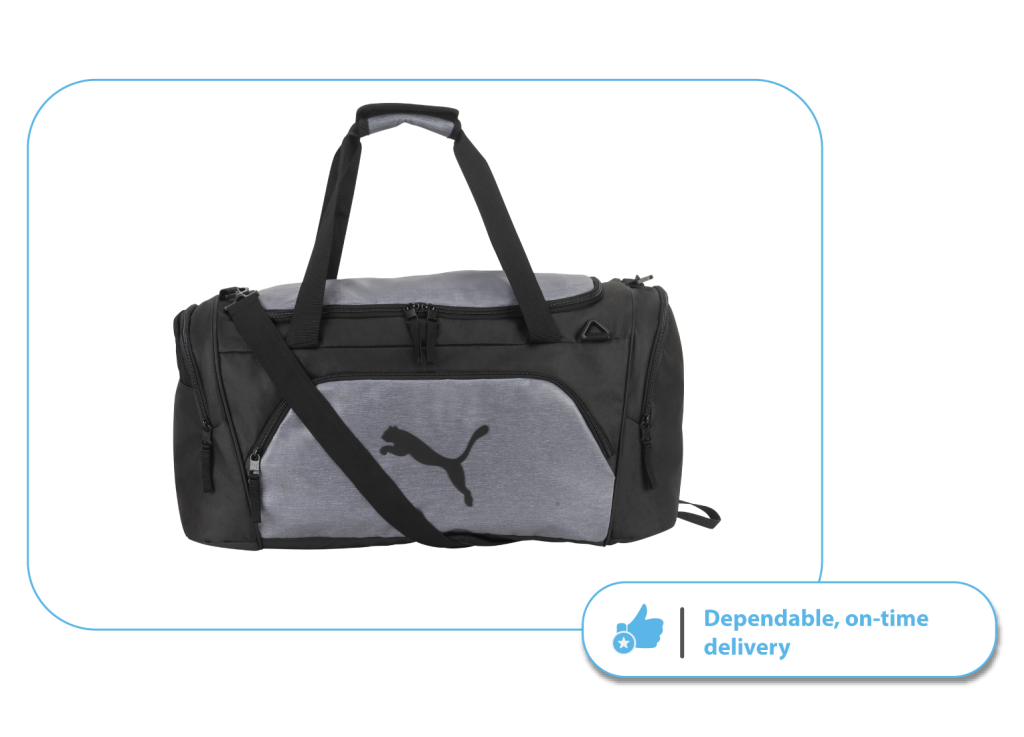 A detailed shot of a Puma duffel bag, representing a clipping path service designed for complex images.