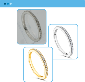 Jewelry retouching comparison showing a silver diamond ring and a gold diamond ring