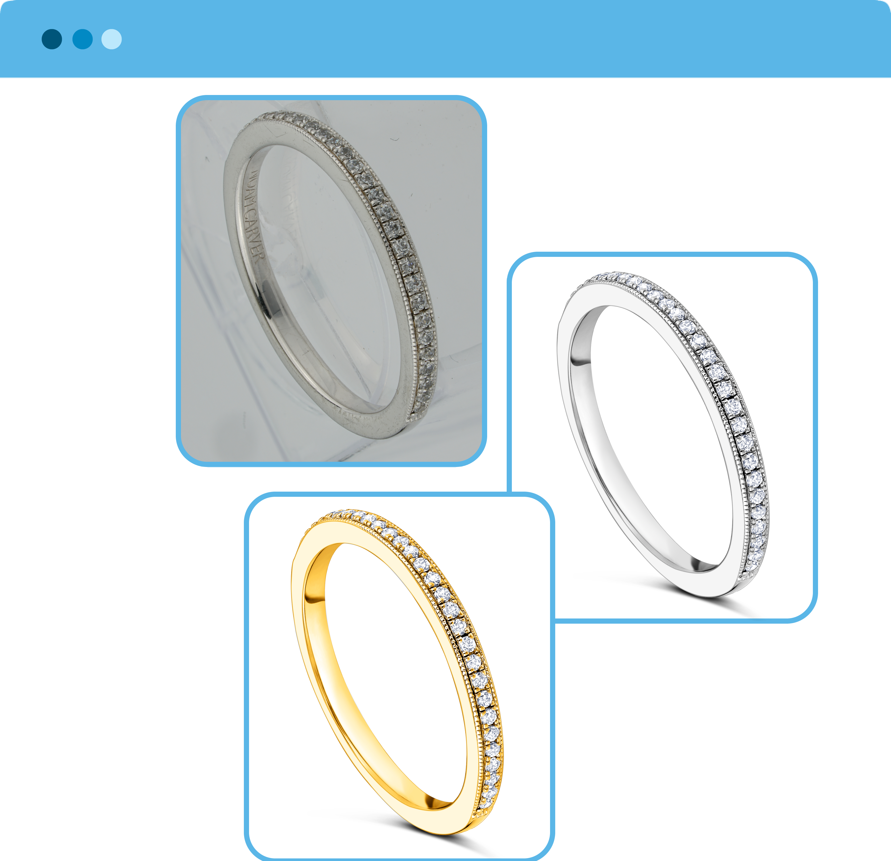 Jewelry retouching comparison showing a silver diamond ring and a gold diamond ring