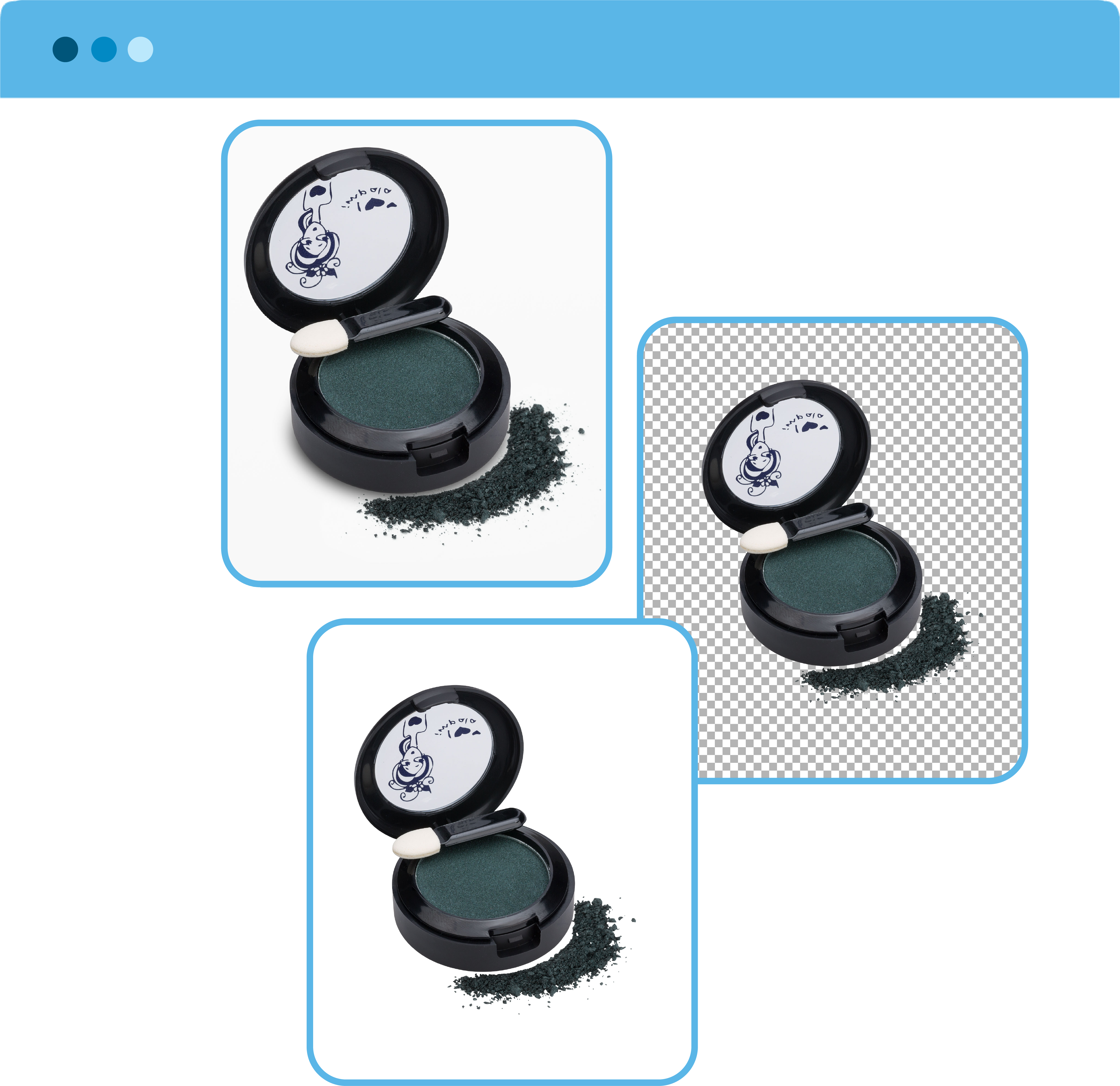 Medium clipping path service applied to a black cosmetic compact with green eyeshadow and applicator, shown in original photo, transparent background cut-out, and final white background image.