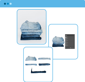 This image shows a medium multiple clipping path service applied to a stack of denim jeans. The service creates individual clipping paths for each pair of pants, a key photo editing service for apparel businesses aiming to showcase products with customized colors, textures, or shadows on websites and social media.