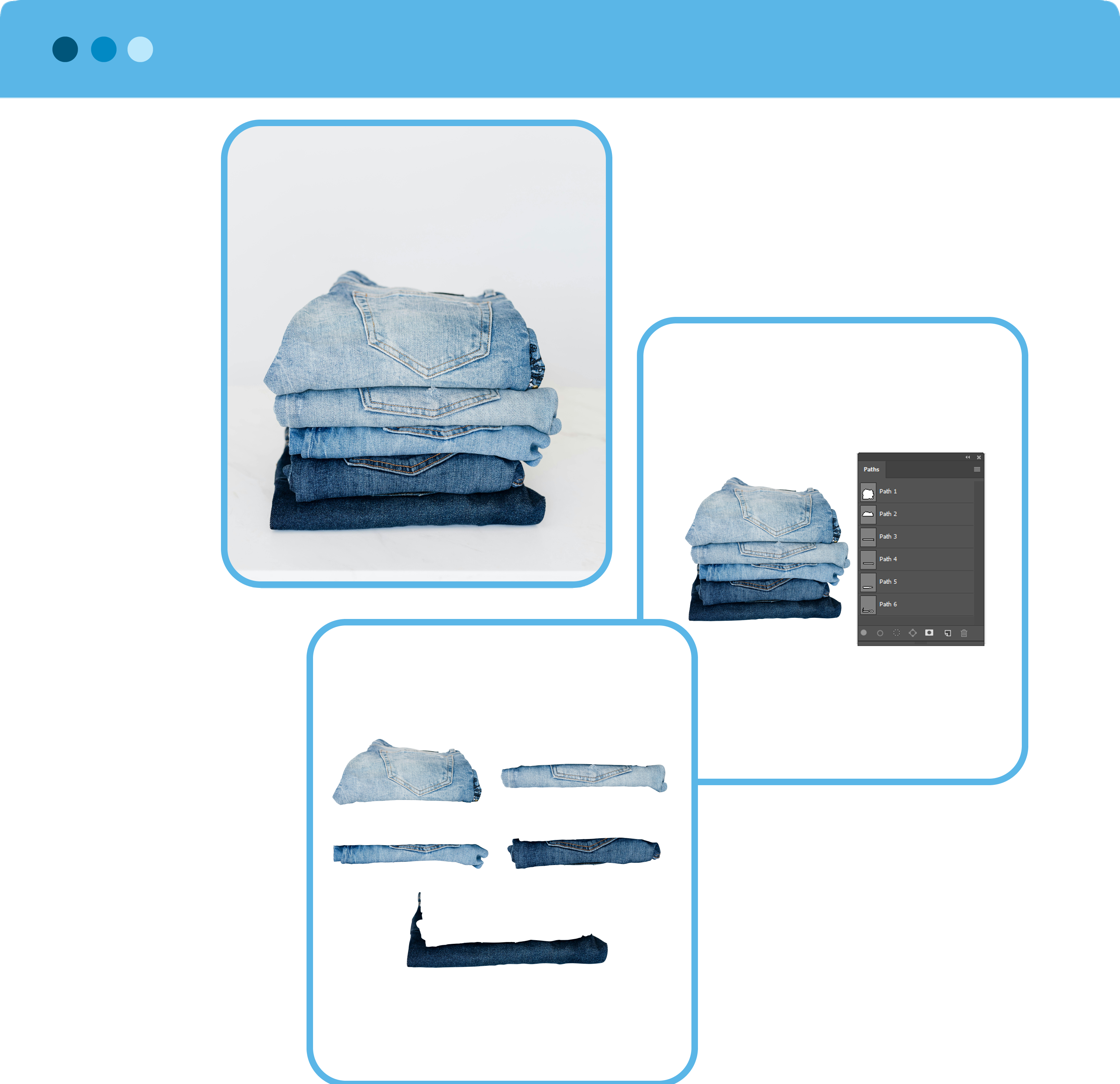 This image shows a medium multiple clipping path service applied to a stack of denim jeans. The service creates individual clipping paths for each pair of pants, a key photo editing service for apparel businesses aiming to showcase products with customized colors, textures, or shadows on websites and social media.