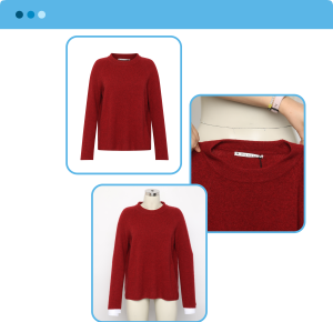 Before and after ghost mannequin editing showing neck joint manipulation on a gray t-shirt.