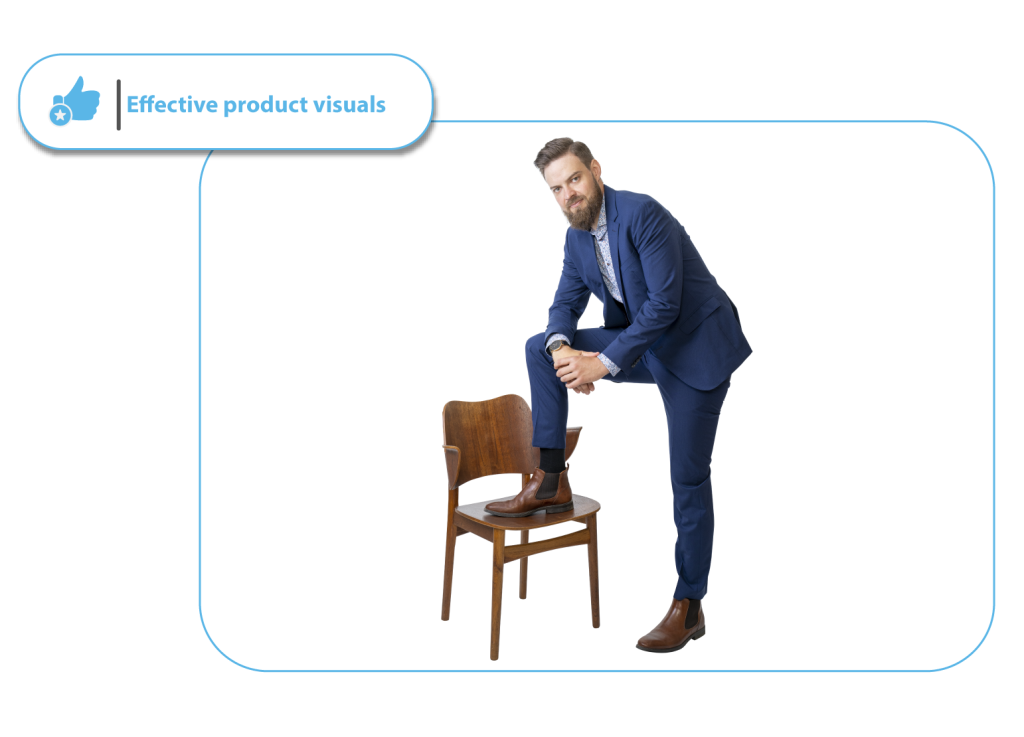 A professional product photo of a man in a suit standing on a chair, illustrating how a clipping path service provides meticulous control over image details. This high-quality visual editing is crucial for businesses aiming for effective product visuals in advertising and digital marketing campaigns.