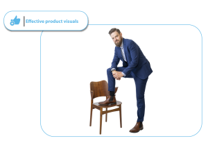 A professional product photo of a man in a suit standing on a chair, illustrating how a clipping path service provides meticulous control over image details. This high-quality visual editing is crucial for businesses aiming for effective product visuals in advertising and digital marketing campaigns.