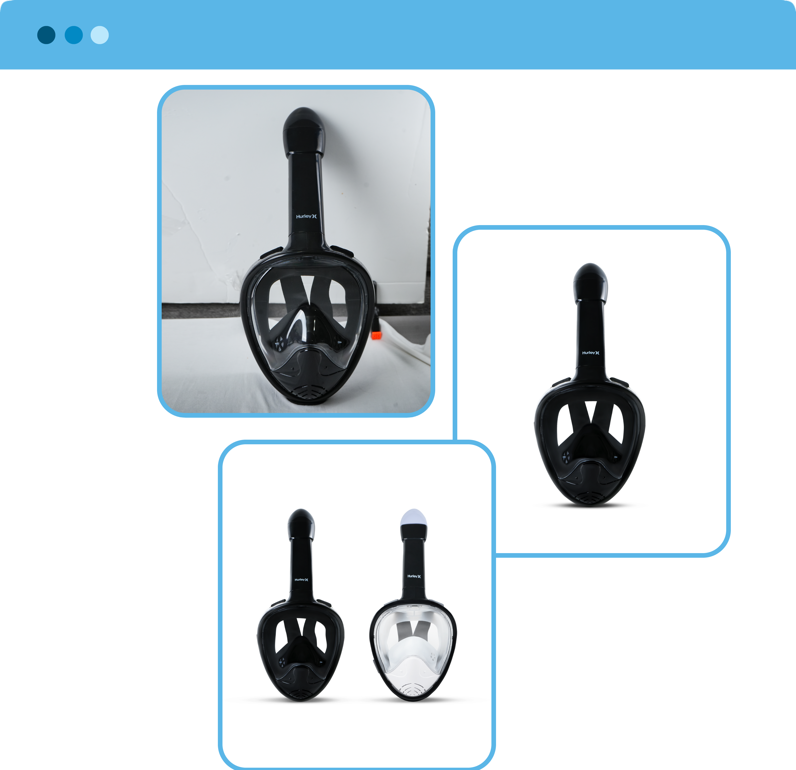 Before and after product photo retouching of a black snorkeling mask