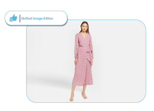 Model wearing a pink wrap dress to show realistic fit and form using ghost mannequin service.