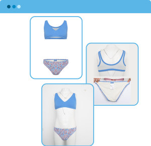 Invisible mannequin effect on blue and floral underwear set with sleeve and label joint editing.