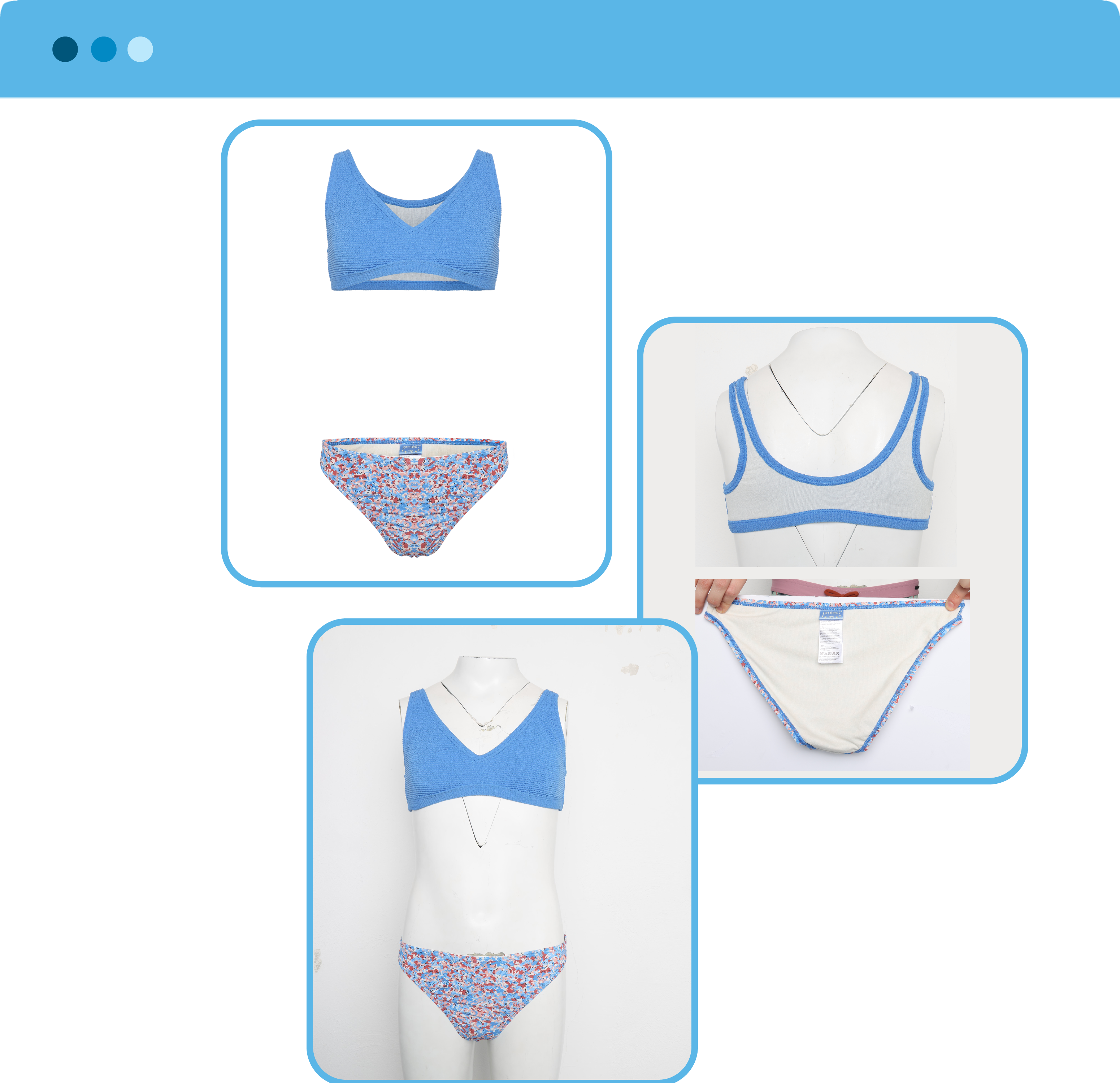 Invisible mannequin effect on blue and floral underwear set with sleeve and label joint editing.