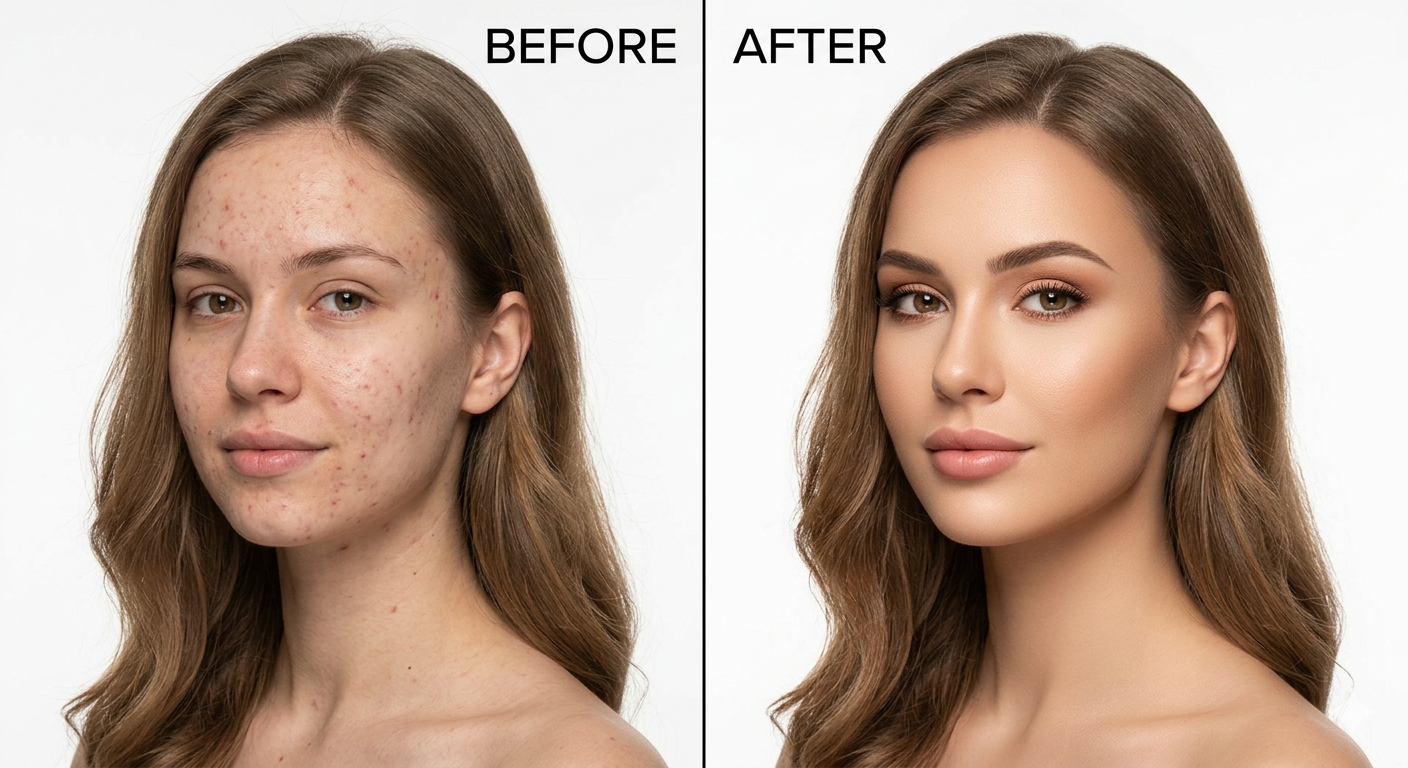 Before and after photo retouching comparison showing skin blemish removal and enhancement