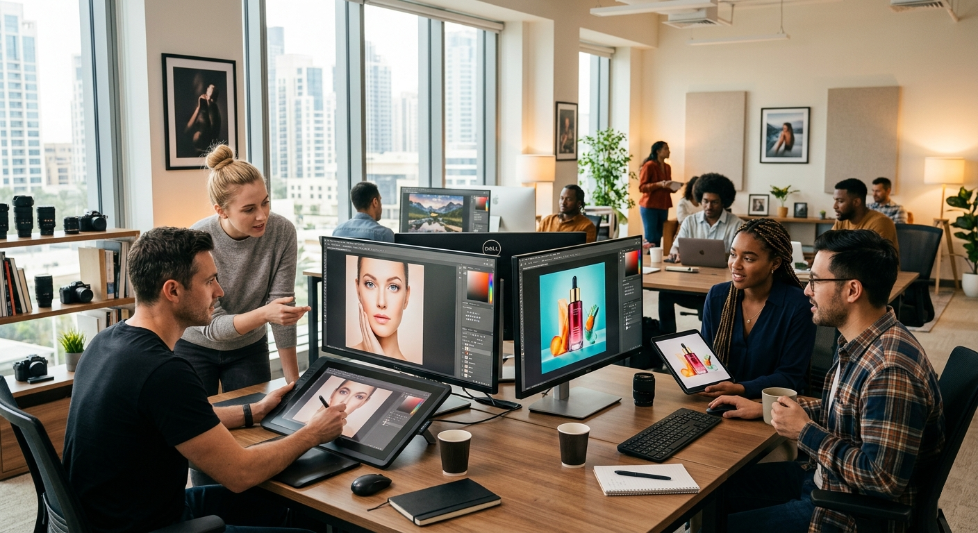 Professional photo retouching team working in a modern creative studio with multiple monitors