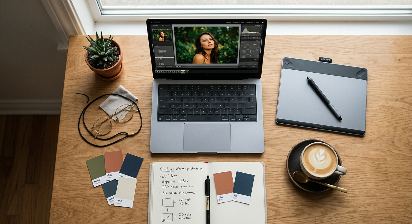Photo editing workflow setup – laptop with Lightroom, color swatches, Wacom tablet and coffee