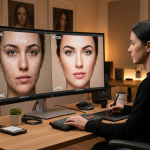 Professional photo retouching workspace with Photoshop open on monitor and graphic tablet