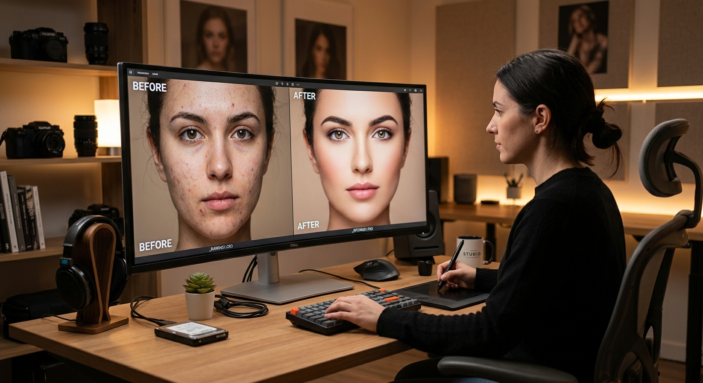 Professional photo retouching workspace with Photoshop open on monitor and graphic tablet