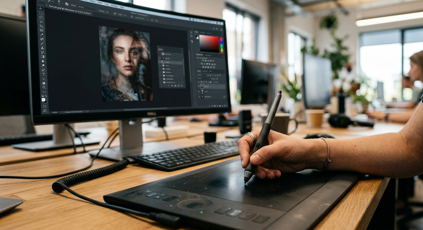 Photo retouching tools – designer using stylus pen on Wacom tablet with Photoshop open