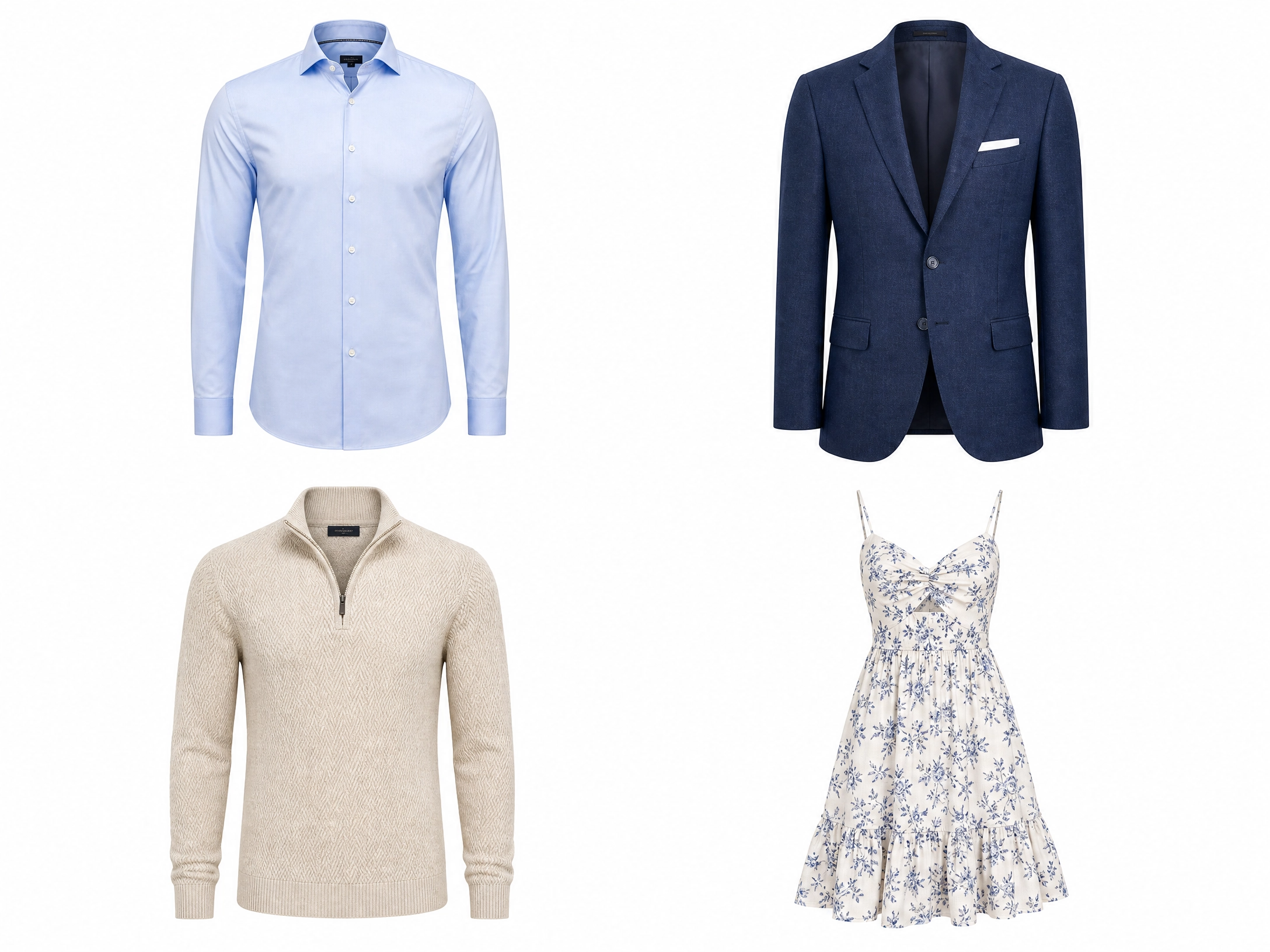 E-commerce clothing product grid showing multiple garments — shirt, blazer, dress and knitwear — all edited with professional ghost mannequin invisible mannequin service