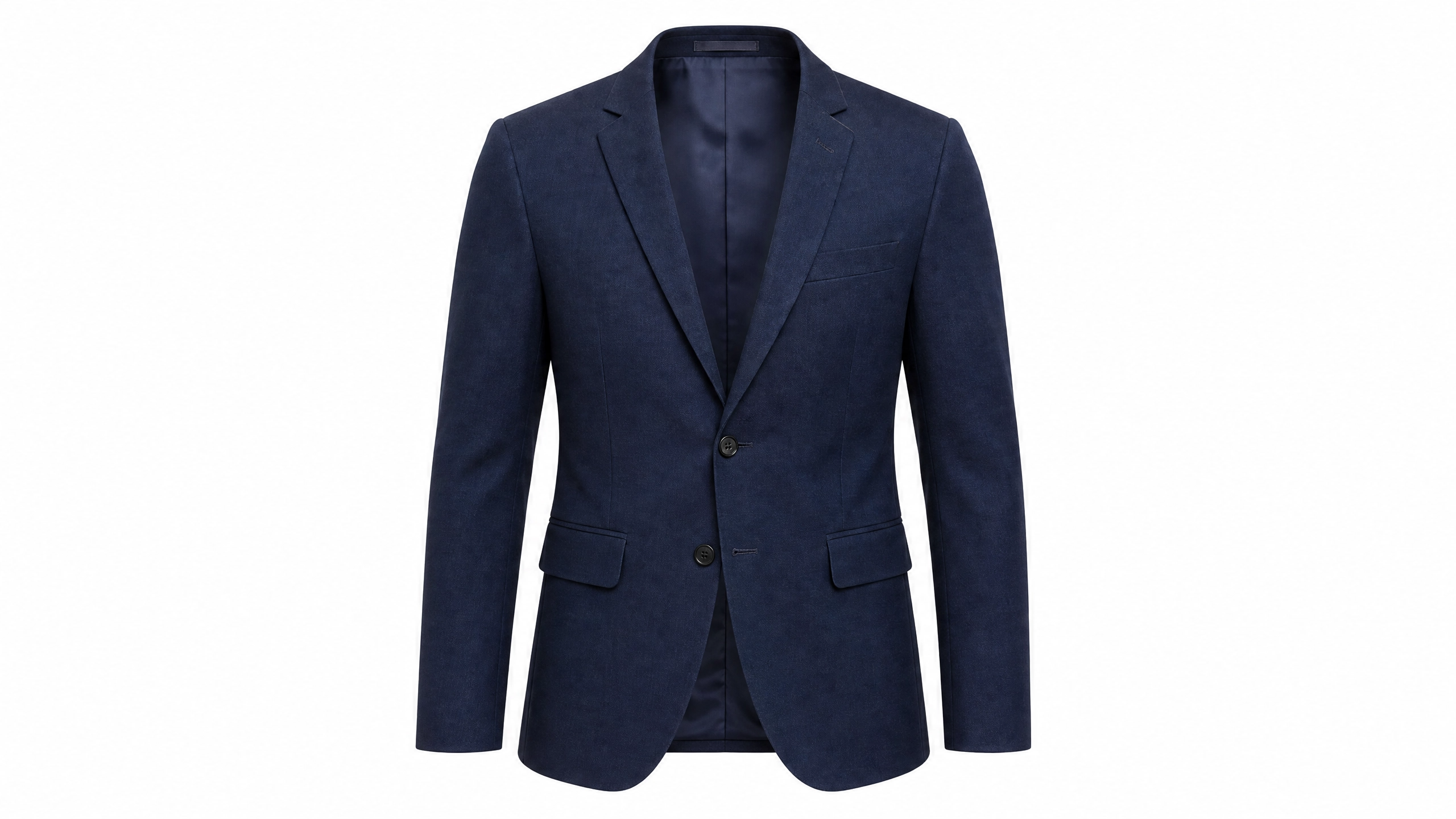 Navy blue blazer floating on white background using ghost mannequin invisible mannequin effect for e-commerce product photography
