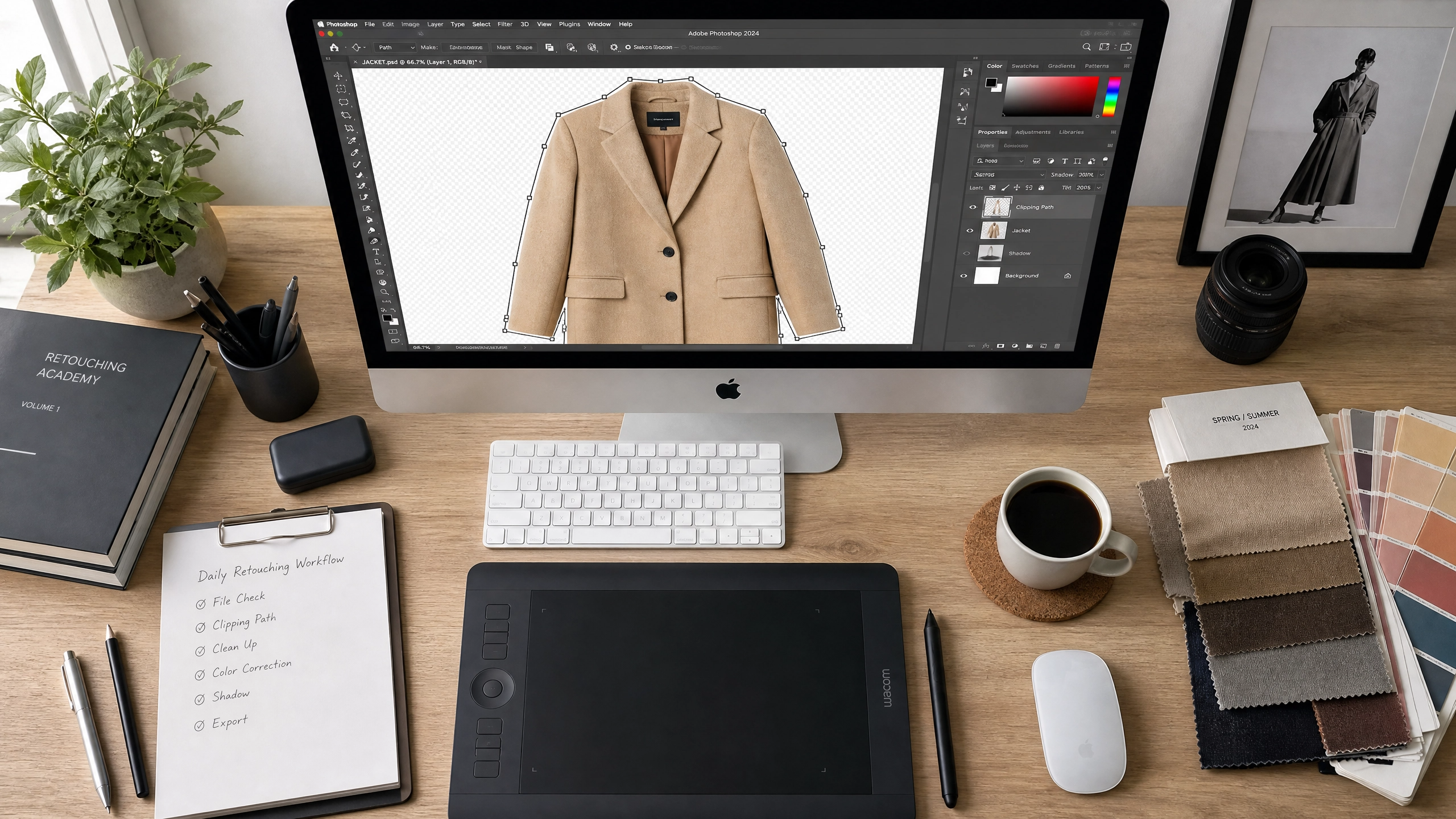 Professional photo retoucher working on ghost mannequin clothing editing in Adobe Photoshop with pen tablet on a clean studio desk