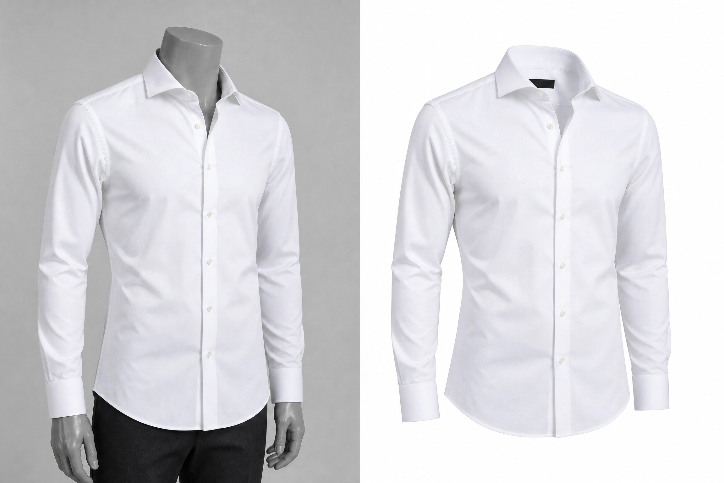 Before and after comparison of ghost mannequin editing — left shows shirt on mannequin, right shows invisible mannequin effect with mannequin removed