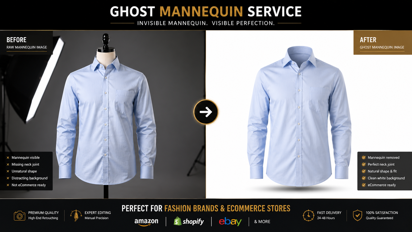 Apparel photo editing before and after comparison using ghost mannequin technique