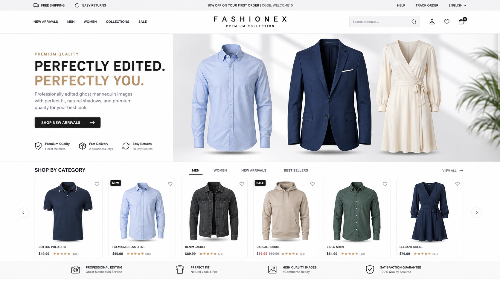 Fashion eCommerce store displaying ghost mannequin clothing images with clean white backgrounds
