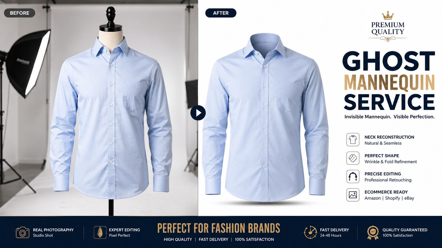 Ghost mannequin service before and after editing of a men's dress shirt
